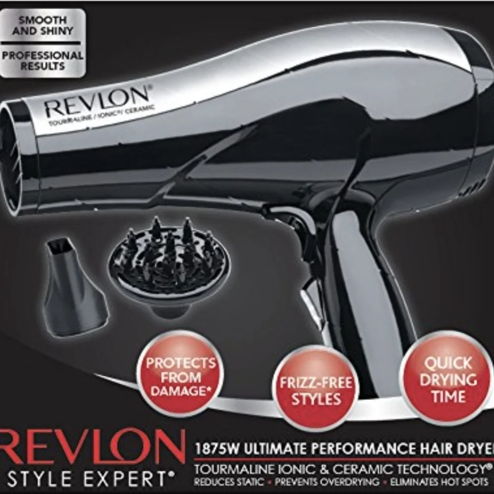 REVLON Style Expert 1875W Tourmaline Ionic Ceramic Blow Dryer Black Silver EUC